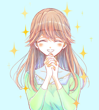 優しい雰囲気の女性　両手を組む　満面の笑み