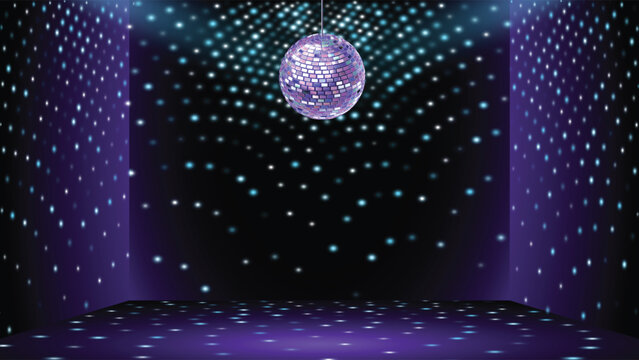 Disco ball in dance club room. Sparkling disco ball with light rays, glittering mirrorball in empty studio, glowing party spotlights and reflective dancefloor. Nightclub interior