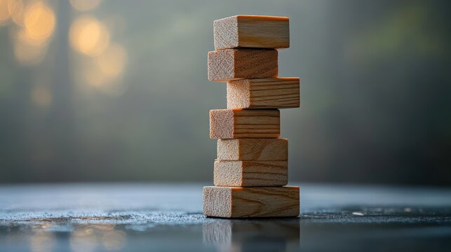 small wooden blocks stacked into a delicate tower on a reflective tabletop in golden light, calm atmosphere with a hint of precarious tension