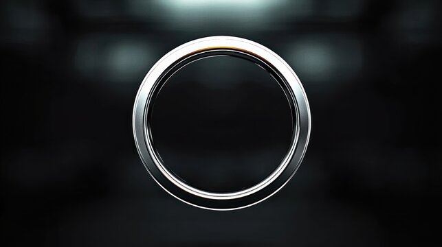 reflective chrome ring floating centered against a dark blurred background, minimalist futuristic and mysterious with soft highlights