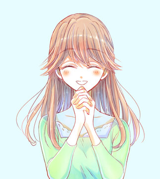 優しい雰囲気の女性　両手を組む　満面の笑み