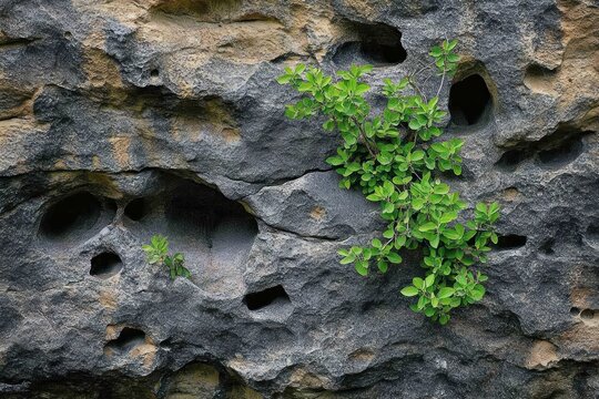 green leafy plant growing from a weathered gray rock wall with pitted holes conveying resilience and quiet persistence