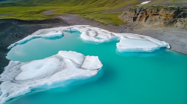 Aerial view of turquoise glacial lake with floating icebergs