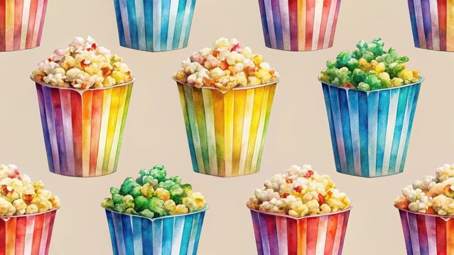 A realistic photo of Seamless watercolor pattern with rainbow colored popcorn box