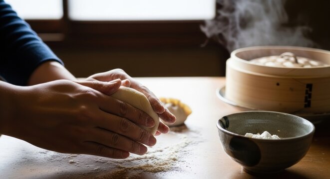 Close up of hands kneading dough for dumplings with a steaming bamboo basket