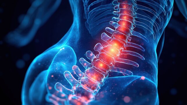 translucent blue human torso with glowing inflamed lumbar spine and vertebrae, conveying intense lower back pain and medical urgency