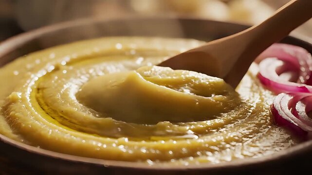 Closeup of creamy polenta being stirred with a wooden spoon garnished with red onion slices.