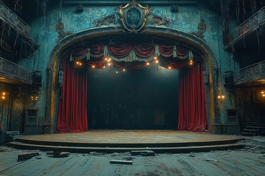 abandoned ornate theater stage with tattered red curtains, peeling paint, dusty wooden floor, scattered debris and dim warm lights, eerie melancholic atmosphere