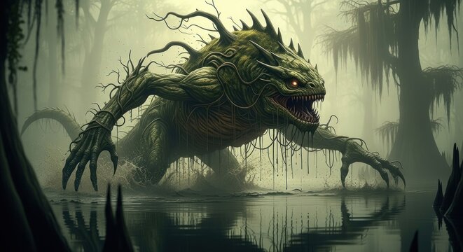 A menacing swamp monster emerges from murky water with glowing eyes.