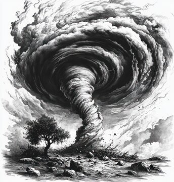 ominous swirling tornado funnel cloud over barren rocky landscape with lone tree and flying debris conveying dramatic destructive power