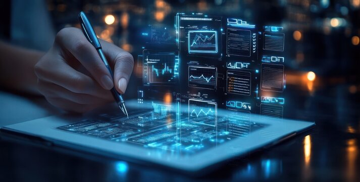 hand holding pen over tablet projecting glowing blue holographic data panels, charts and dashboards conveying focused analytical and innovative mood