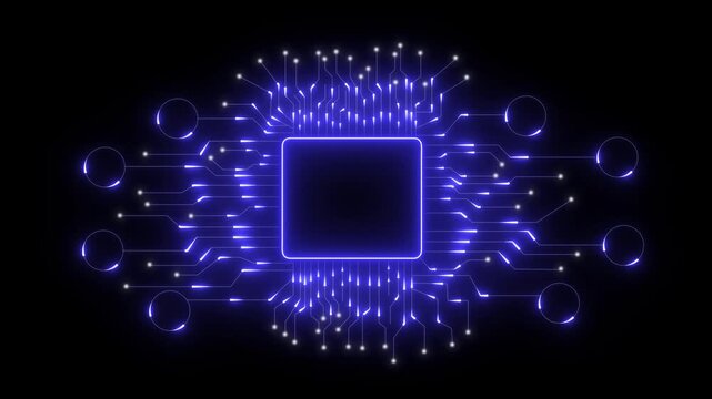 Glowing blue circuit board with central processor and radiating connections. Circuit and processor tech powers modern computers. AI and microchips enable intelligent, fast data processing.