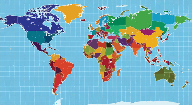 A colorful world map with grid lines