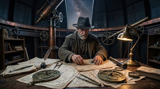 Elderly astronomer studying star charts inside observatory dome