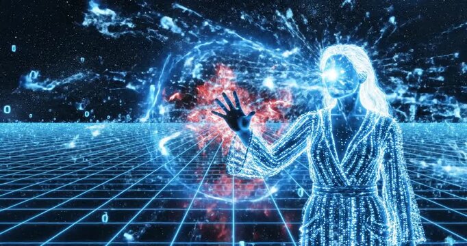 Futuristic woman interacting with digital data in a cosmic environment, showcasing technology