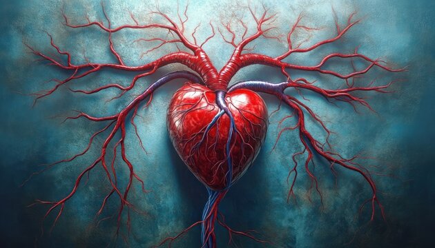 lifelike anatomical heart with branching red arteries and blue veins spreading like tree roots on a textured teal background, dramatic vibrant expression of life and vitality