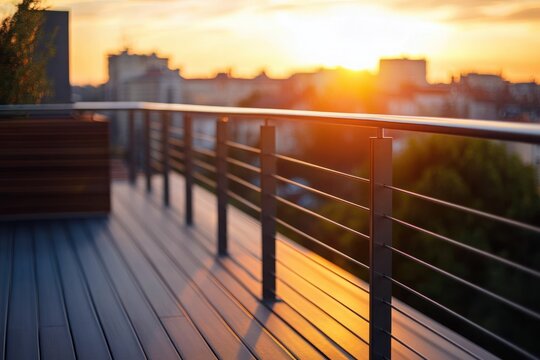 rooftop terrace with metal railing and wooden deck bathed in golden sunset light, casting long shadows over an urban skyline and evoking calm warm tranquility