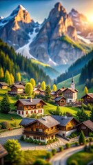 Fototapeta premium A realistic photo of Landscape mountain village nature scenery alpine houses cartoon drawing