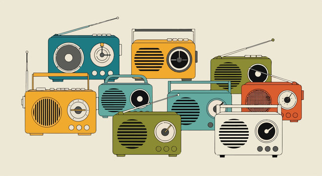 A colorful illustration of nine vintage radios