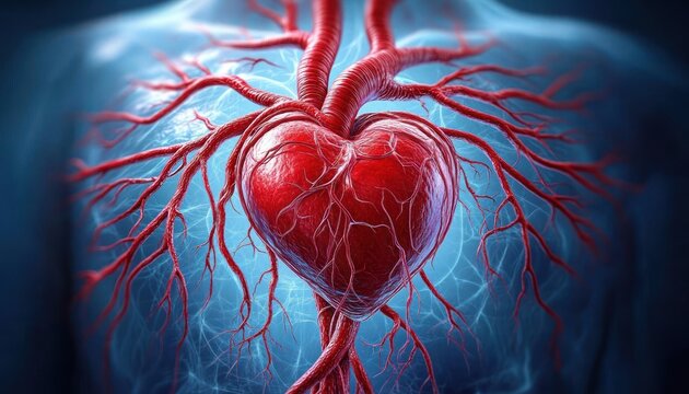 Vibrant anatomical heart with branching blood vessels glowing in a chest, conveying life, energy and vitality