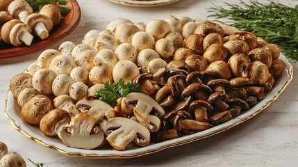 Fototapeta premium Assortment of button, cremini, and shiitake mushrooms on a platter