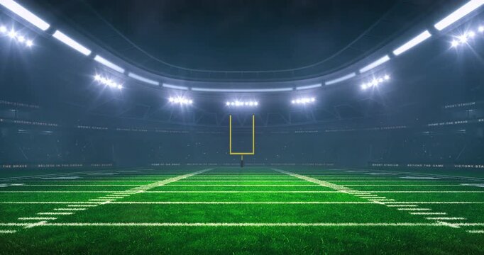 American football field at a sports stadium in foggy weather with shining floodlights and fans ready for an upcoming nighttime sports event. Loopable professional sports advertisement video background