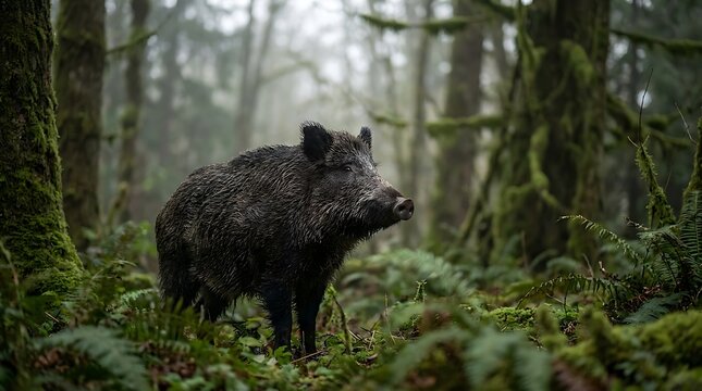 Wild boar in its natural forest habitat, capturing a moment of raw nature and the wild. This stunning image captures the essence of untamed wilderness
