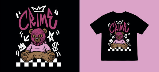 Obraz premium Vector illustrationa of a brown bear doll wearing balaclava with text for t-shirt print design template