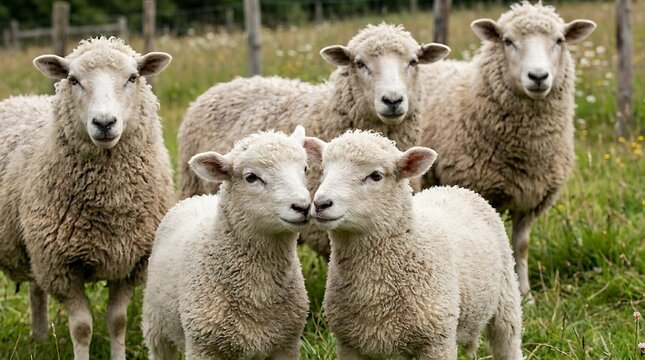 A flock of sheep standing together in a field, exuding tranquility