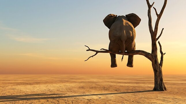 A surreal scene of an elephant perched on a tree branch, observing a desert landscape. This image blends humor and contemplation