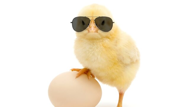 A cool chick wearing sunglasses perched on an egg. The chick looks hip and relaxed.