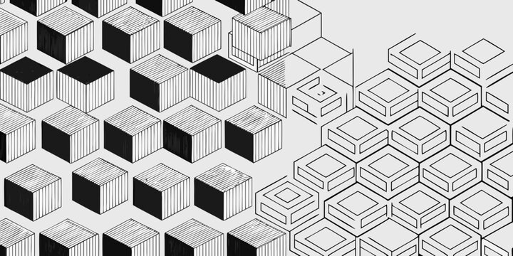 Isometric cube pattern black and white geometric illustration