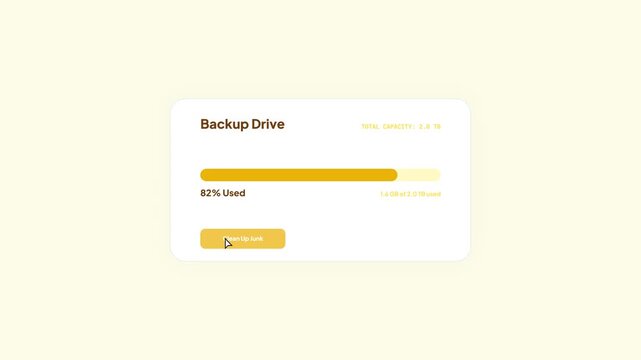 Yellow minimalist backup drive storage capacity interface with cleaning progress and system optimization