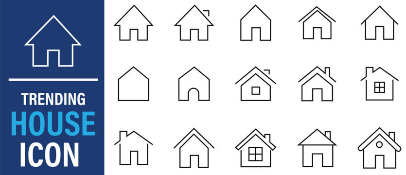 Trending house icons in various line art styles and designs on white background
