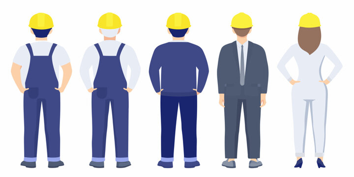 Line of construction workers and professionals in vector illustration