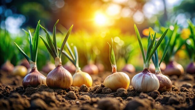 A realistic photo of Planting onion in garden Plantation in the vegetable garden agriculture