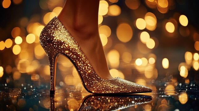 close up of a woman's leg wearing a glittering gold stiletto high heel on a wet reflective floor with warm bokeh lights creating a glamorous festive mood
