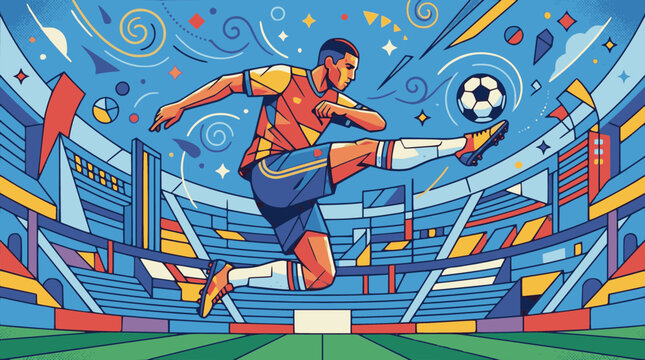 Vector abstract geometric soccer player kicking ball in dynamic colorful stadium arena illustration