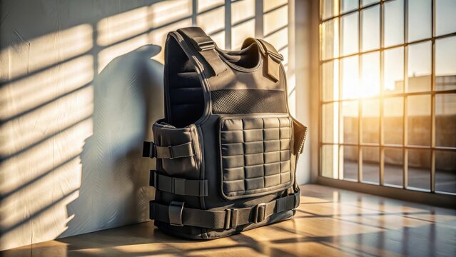 A realistic photo of Black bullet proof vest in white background