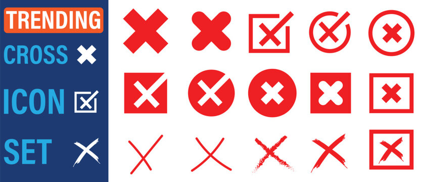 A set of various red cross icons and symbols for design and editing purposes on isolated white background