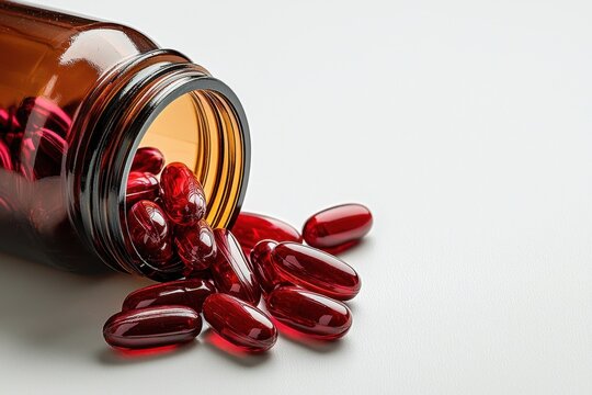 Iron supplement bottle red capsule spilled pill dietary supplement medicine container amber glass isolated background pharmacy product softgel capsule nutrition aid