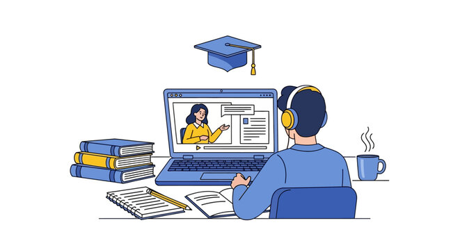 Online education and e-learning vector illustration with laptop and graduation cap