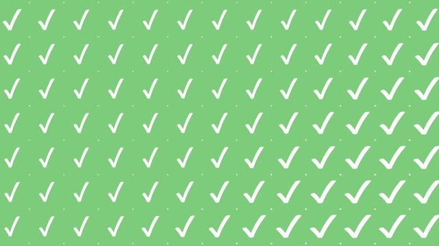 Animated Seamless Pattern Of Breathing White Checkmark Symbols Scrolling Right On A Green Background, Seamless Loop, 4K Horizontal Video