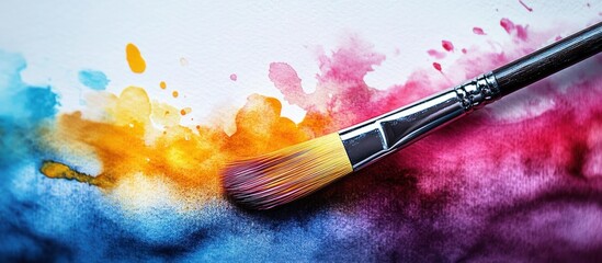 Obraz premium close-up paintbrush with bristles and metal ferrule sweeping vibrant orange, blue, pink and purple watercolor splashes and stains on textured paper, energetic creative motion