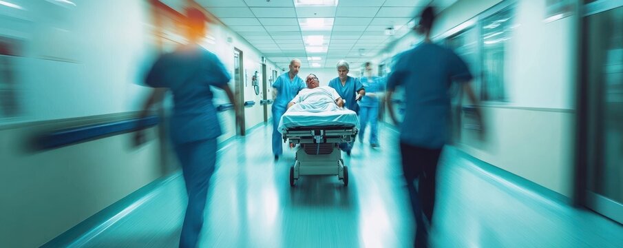 hospital staff rush a patient on a stretcher down a brightly lit corridor, motion blur conveying urgency and tense life-saving effort
