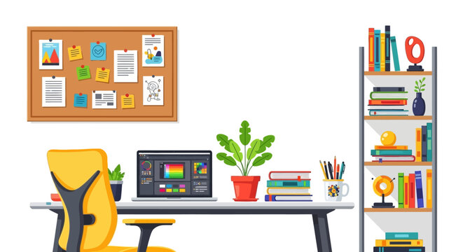 Home office setup with desk bookshelf and cork board illustration