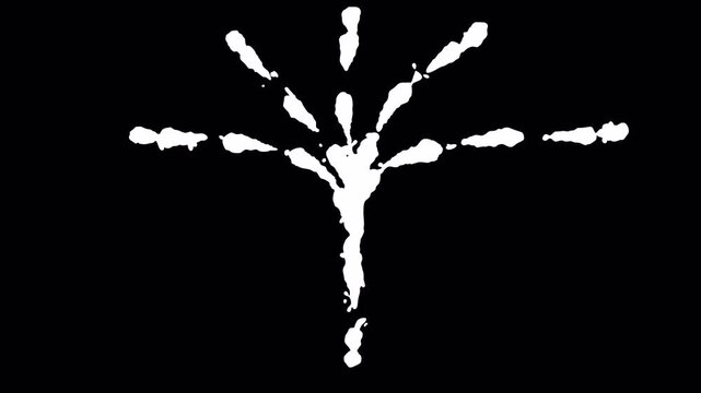 White splashes radiate from center against stark black background