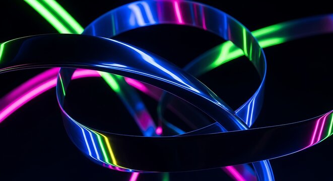 Neon colorful glowing light strips intertwined.
