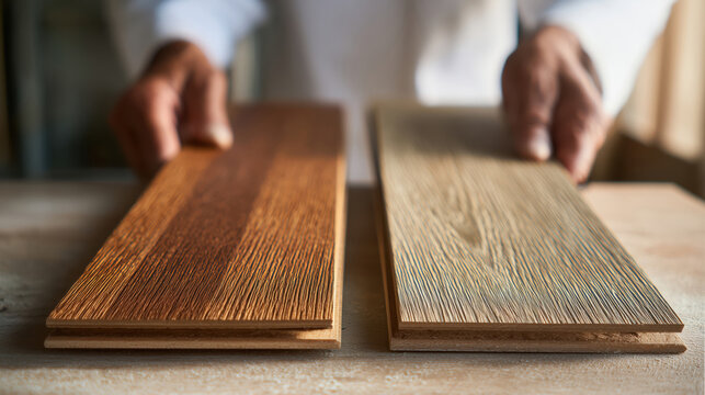 Craftsman comparing two hardwood flooring samples with different wood stains and textures on workbench