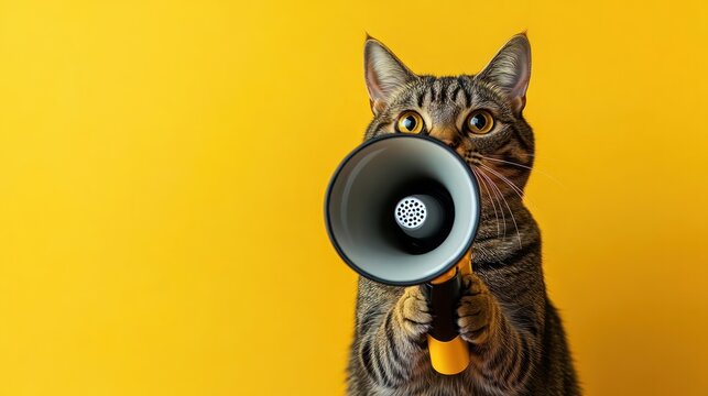 wide-eyed tabby cat holding a megaphone against a bright yellow background, looking surprised and vocal